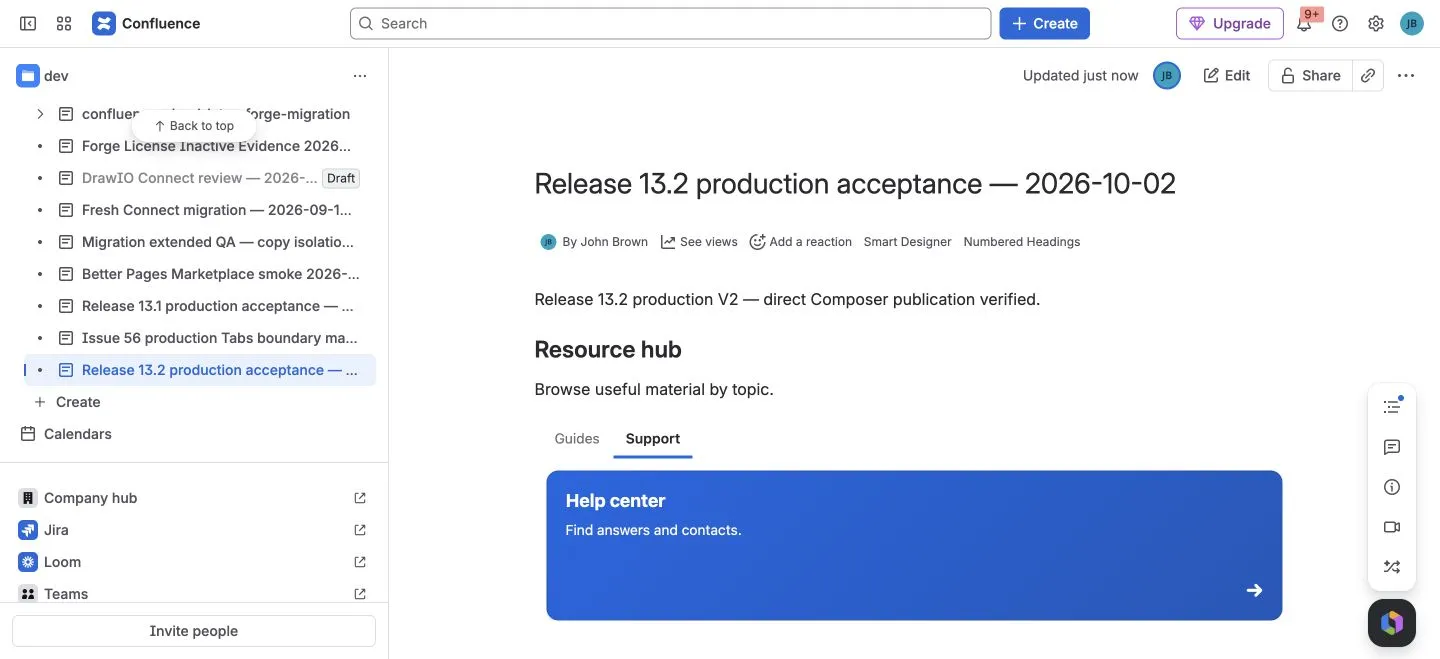 Release 13.2 published Resource hub keeps Guides and Support separate and opens Support by default