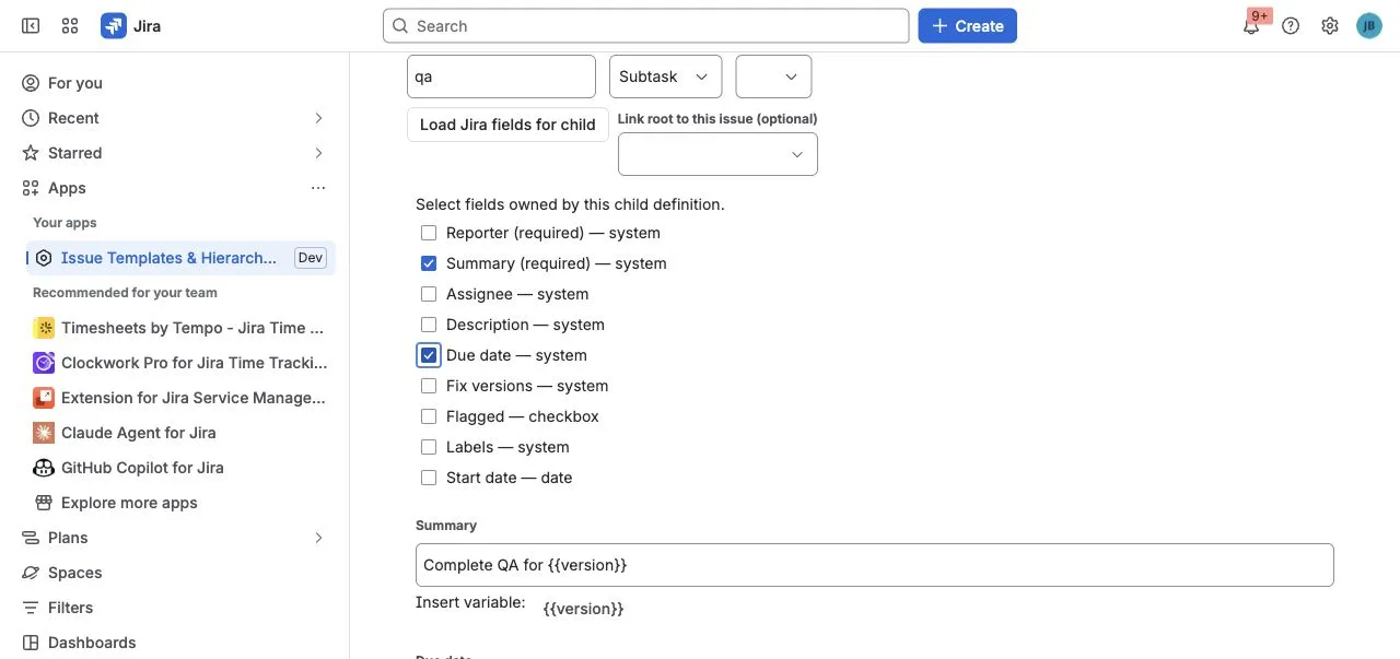 A child Summary using an authored variable token