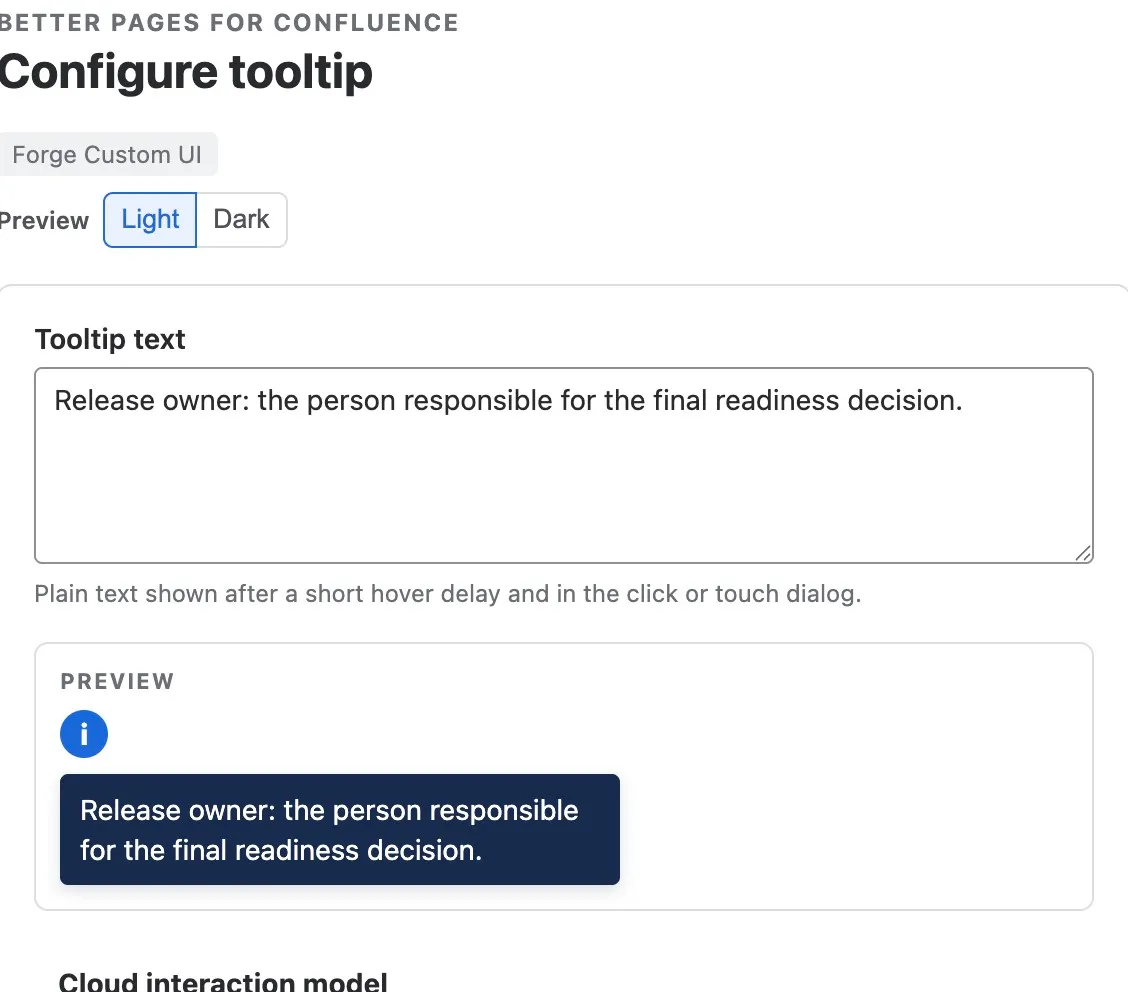 Tooltip text configuration and preview defining the release owner